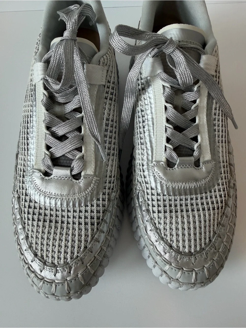 Chloé White and Silver Woven Platform Sneakers